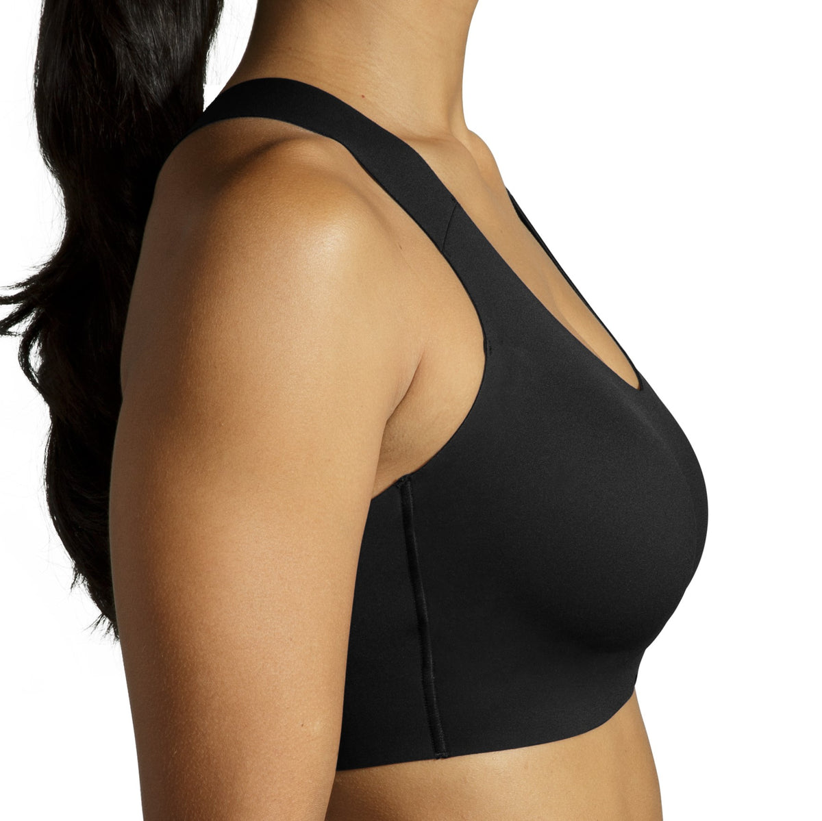Women's Brooks Dare Crossback Run Bra 2.0. Black. Lateral view.