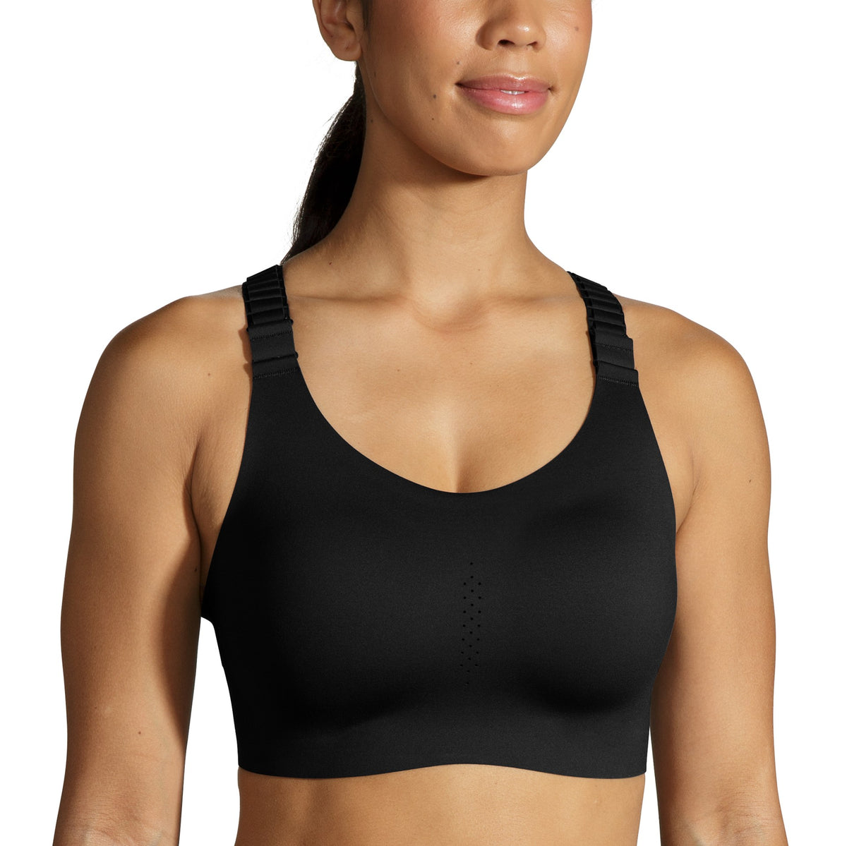 Women's Brooks Dare Racerback Run Bra 2.0. Black. Front view.