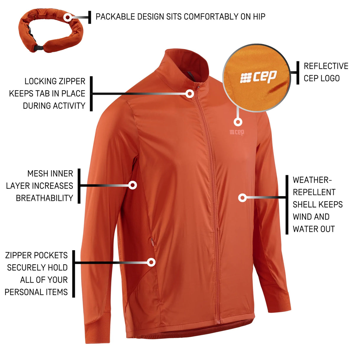 Men's CEP Cold Weather Windbreaker. Dark Orange. Front view.