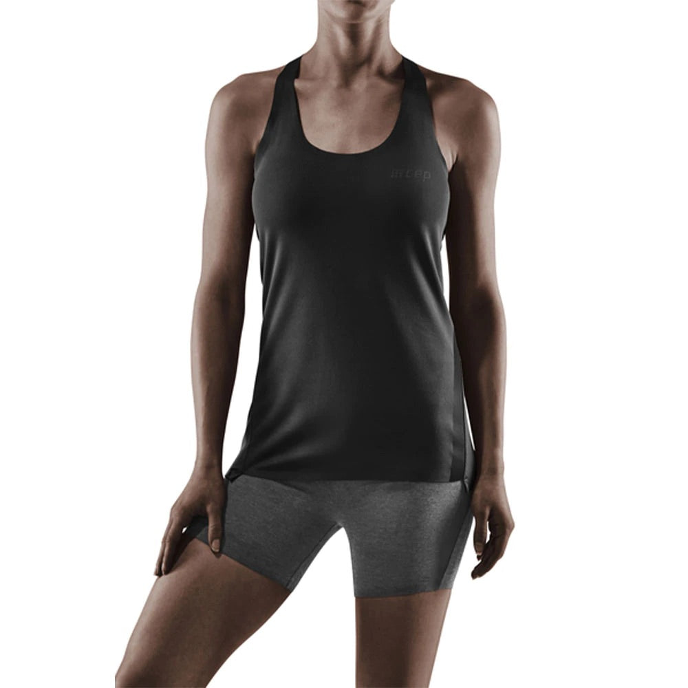 Women's CEP Training Tank Top. Black. Front view.
