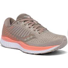 Women's Saucony Guide 13. Grey/Tan upper. White midsole. Lateral view.
