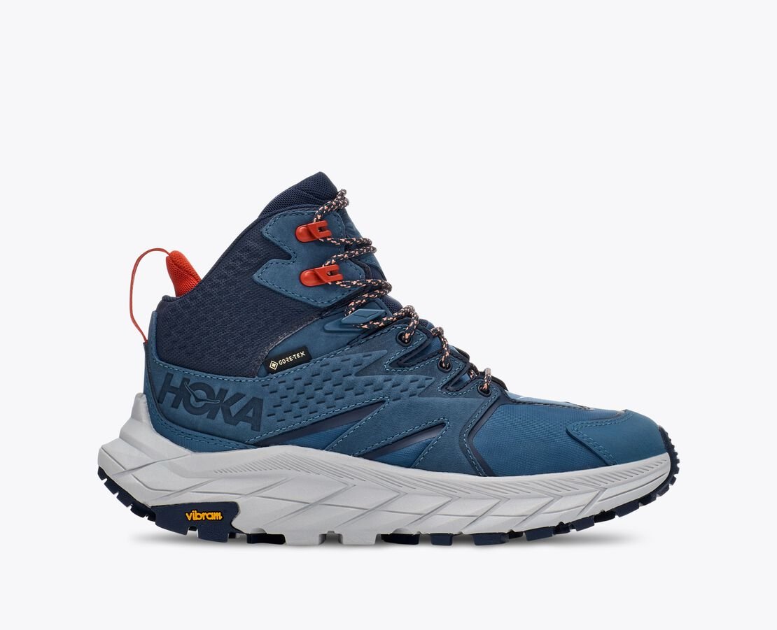 Women's Hoka Anacapa Mid GTX. Blue upper. Grey midsole. Lateral view.
