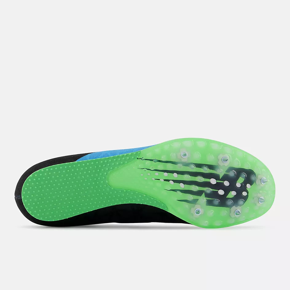 Men's New Balance MD 500 v8. Black/Blue upper. Bottom view.