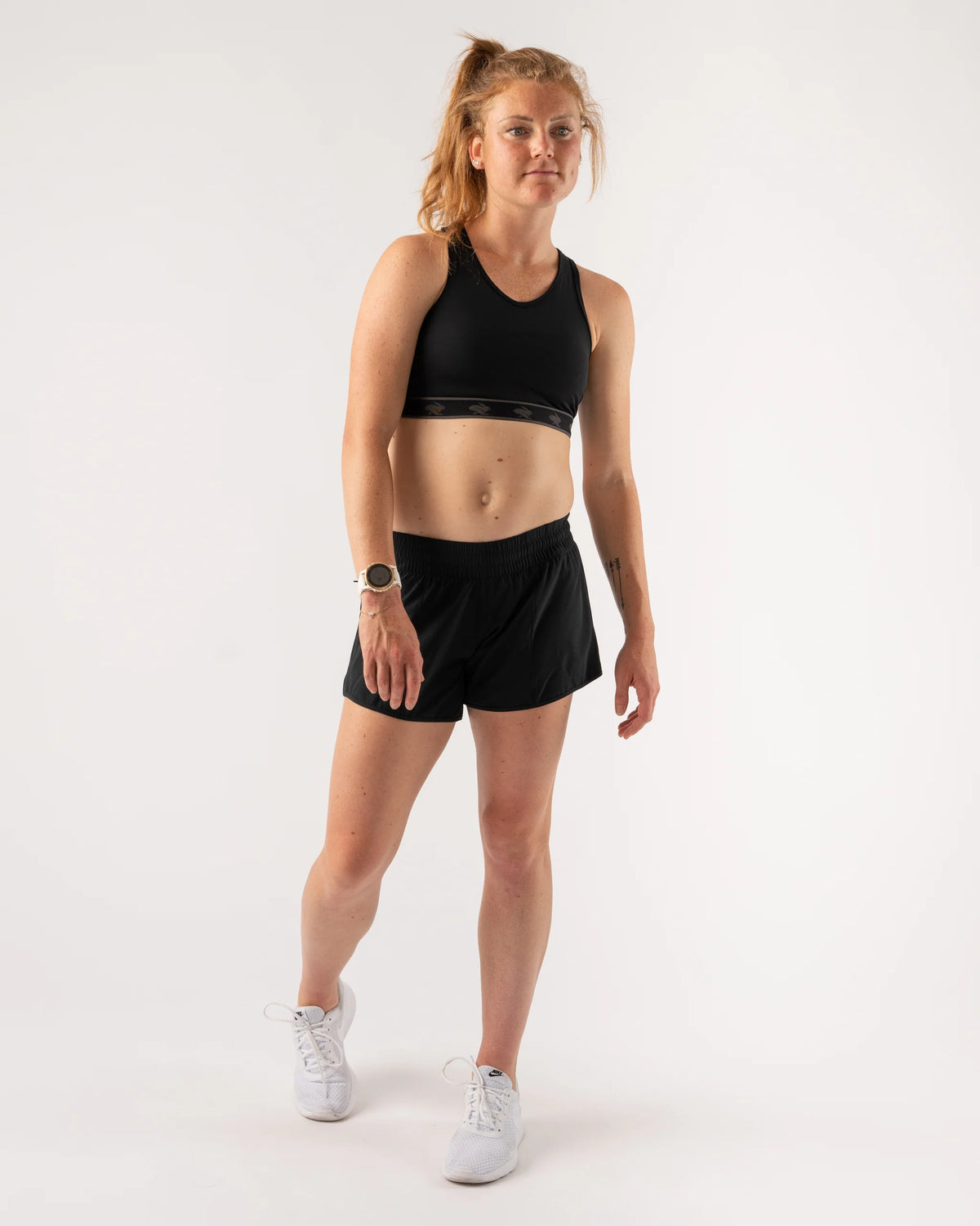 Women's rabbit Sports Bra. Black. Front view.