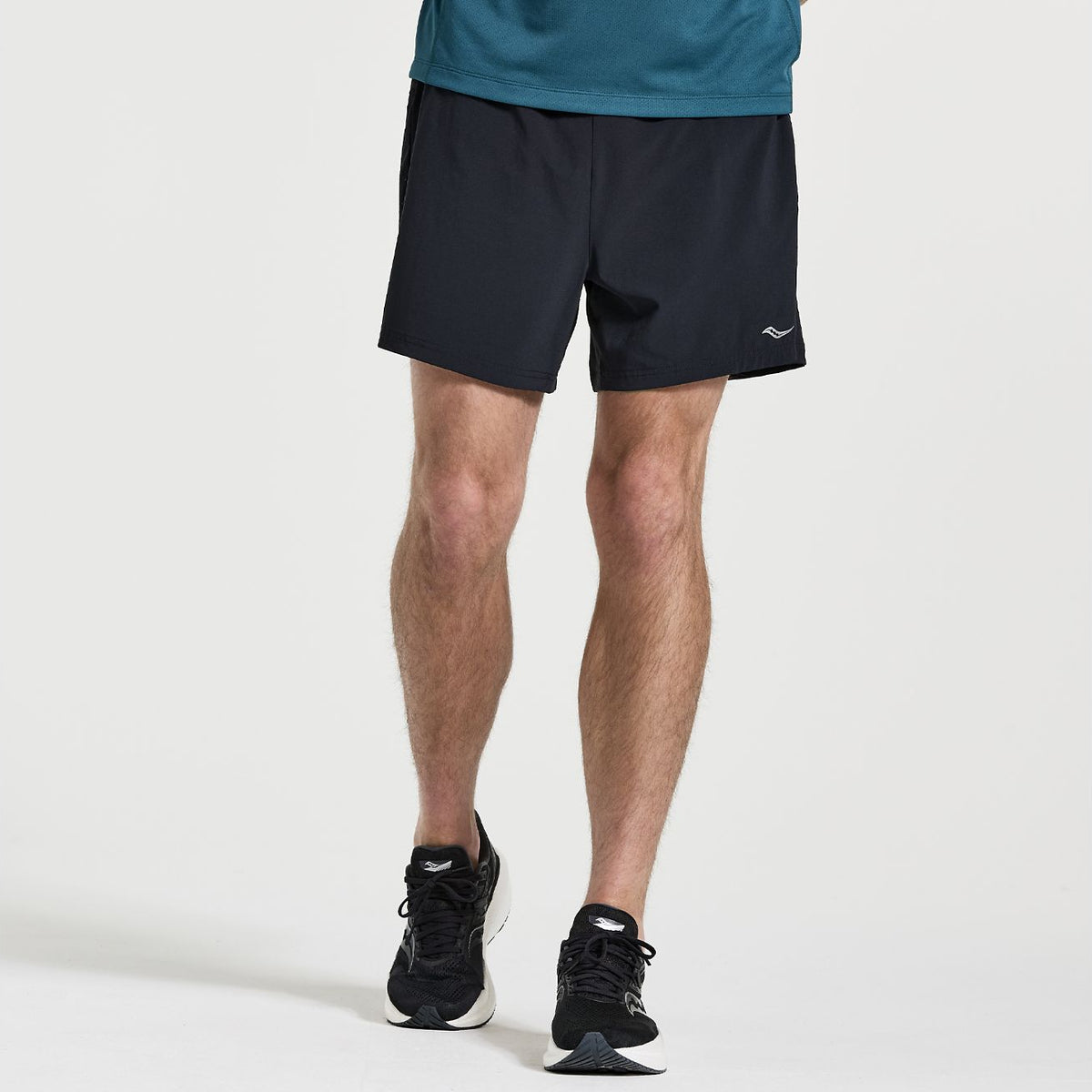 Men's Saucony Outpace Shorts. Black. Front view.