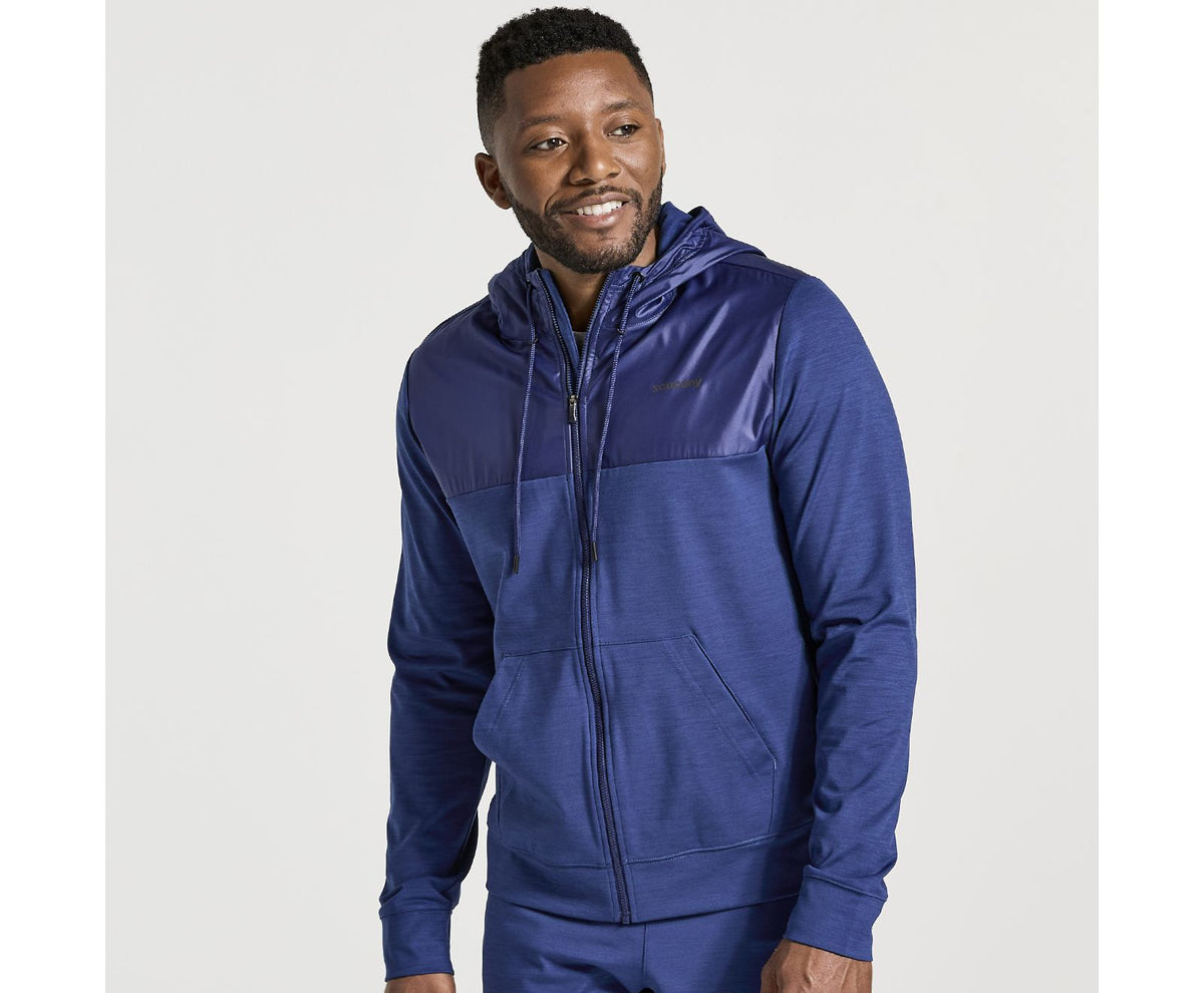 Men's Saucony Solstice Zip Hoodie. Blue. Front view.