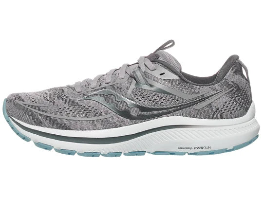 Women's Saucony Omni 21. Grey upper. White midsole. Lateral view.