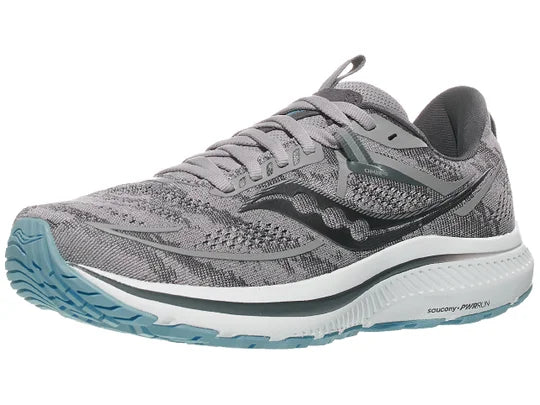 Women's Saucony Omni 21. Grey upper. White midsole. Lateral view.