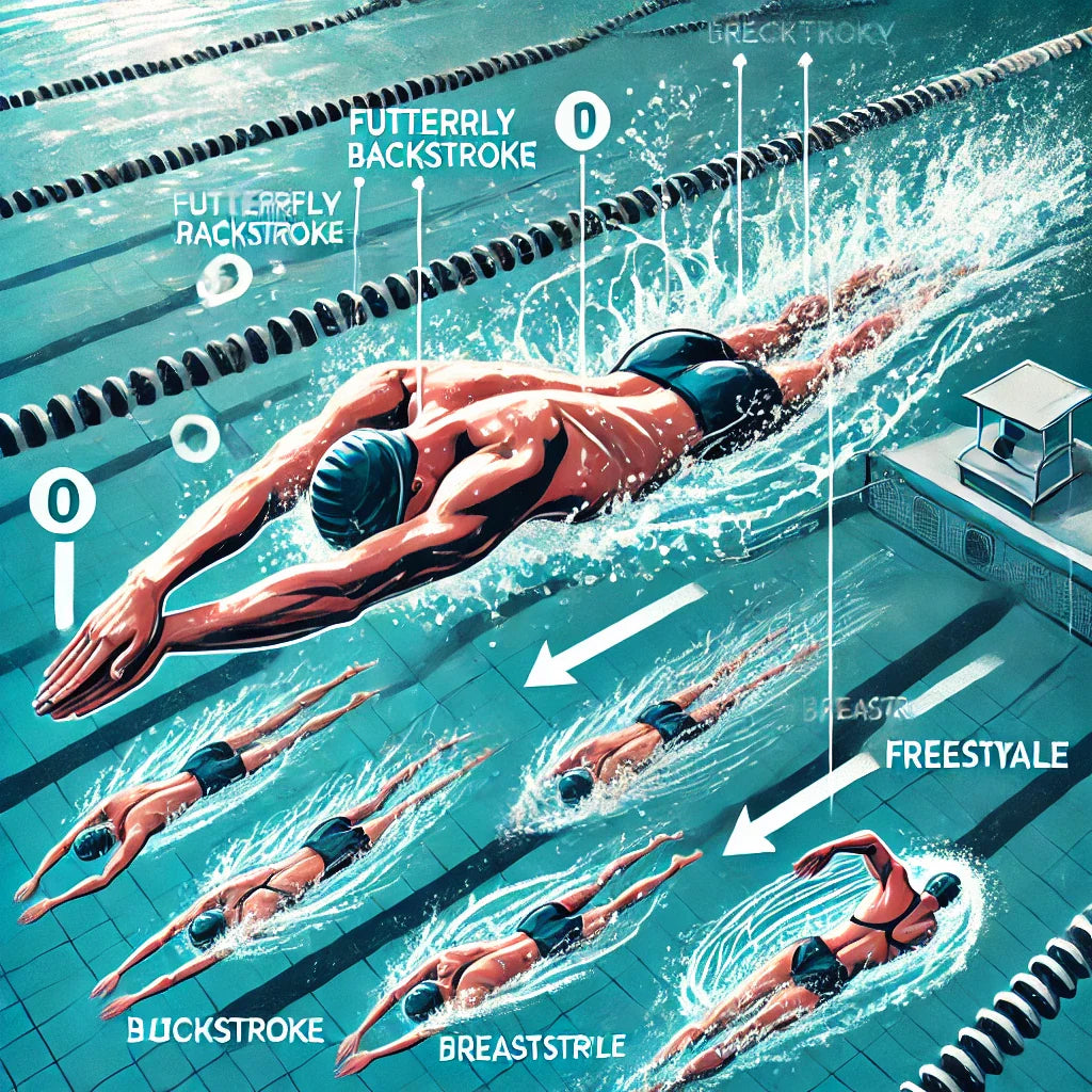 An instructional swimming image demonstrating the '100 IM Individual Medley' drill. The image features a swimmer transitioning between the four strokes