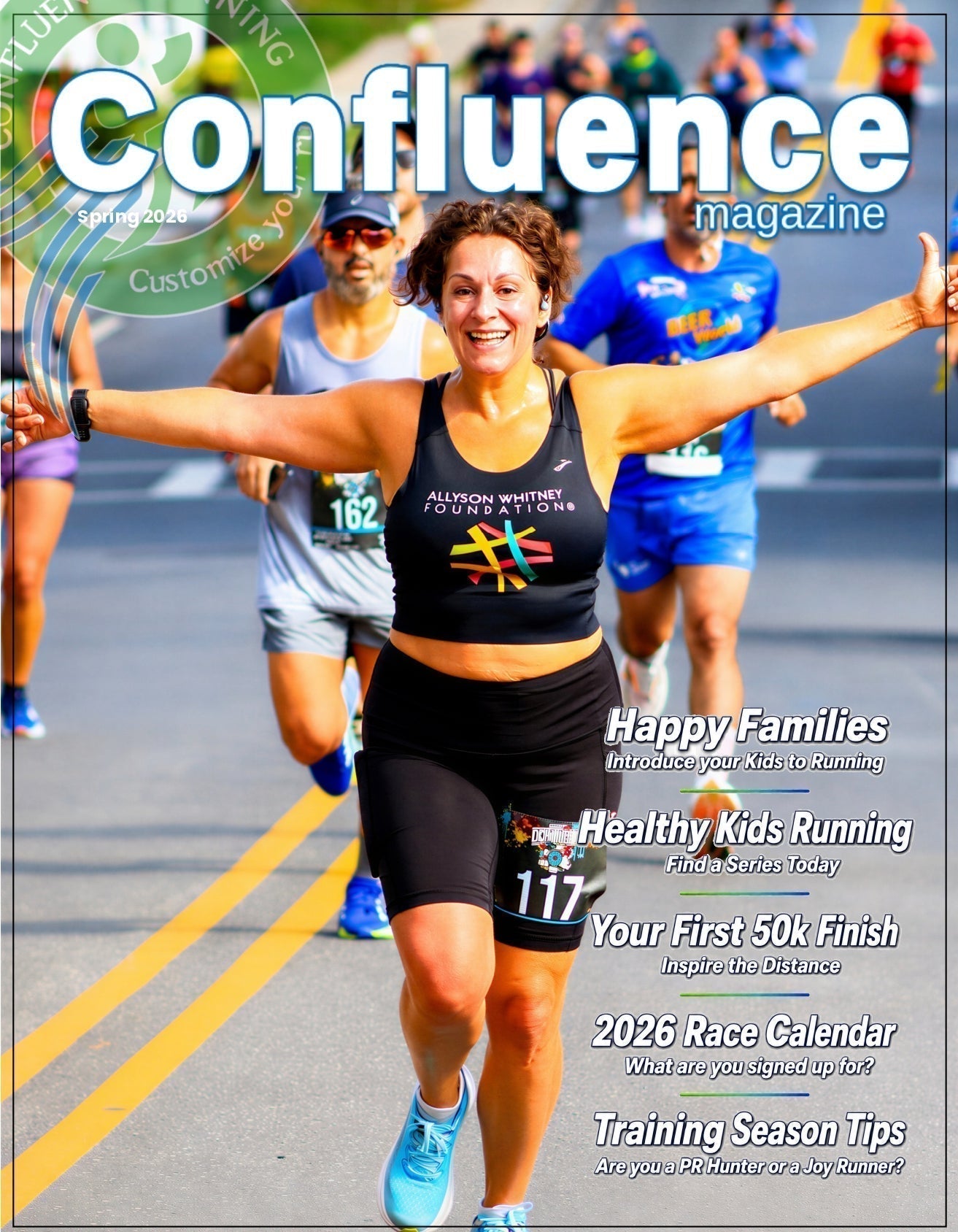 Confluence Magazine Spring 2026 cover introducing a seasonal running issue focused on running together, youth running, race day experiences, local race events, ASICS Week, Brooks footwear, Wineglass Weekend, and training advice from Confluence Running