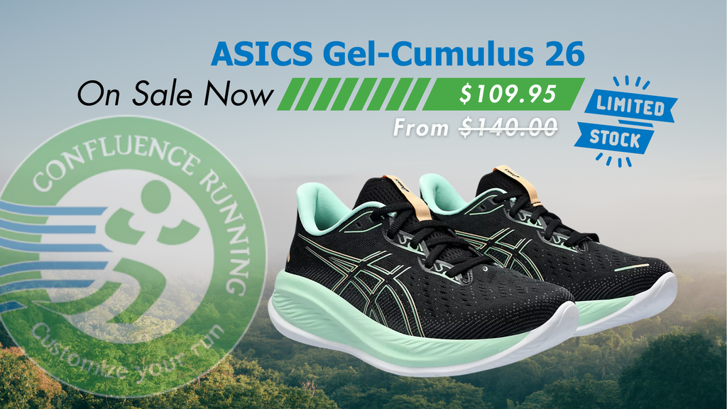 ASICS Gel-Cumulus 26 running shoe on sale at Confluence Running, showcasing its cushioning and supportive design.