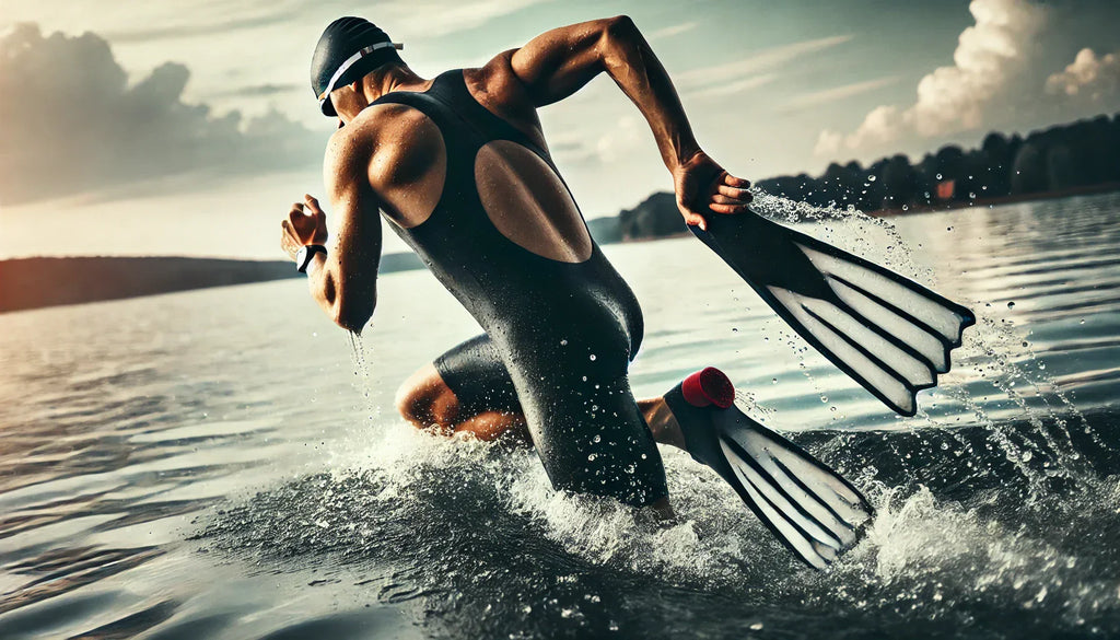A triathlon swimmer using fins while training in open water, demonstrating strong strokes, steady kick, and forward sighting technique for endurance swimming.