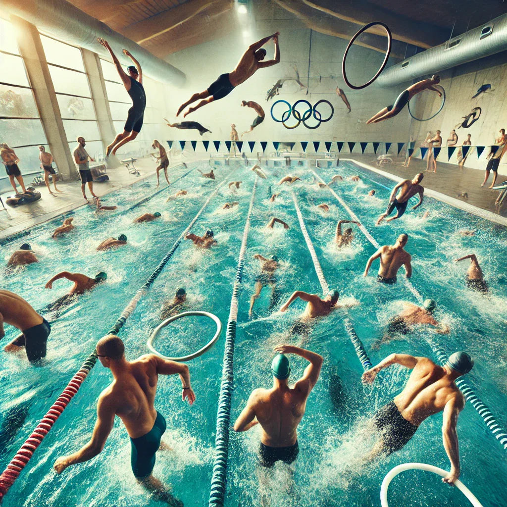 High-energy triathlon swim workout session in an Olympic-sized pool. Athletes perform various drills including streamline glides, sculling, free
