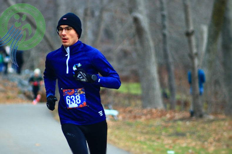 John Salva powering through the 2025 Pete Keyes Turkey Trot 5 Mile at Otsiningo Park, holding strong in the lead pack during the Thanksgiving morning race in Binghamton, NY