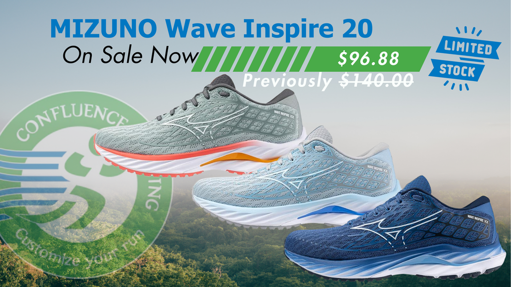 Mizuno Wave Inspire 20 running shoe showcasing its cushioned midsole and breathable mesh upper on sale at Confluence Running.