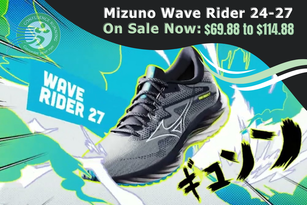 Promotional image for Mizuno Wave Rider series sale at Confluence Running, showing the Wave Rider 27 shoe with dynamic graphics and sale prices ranging from $69.88 to $114.88