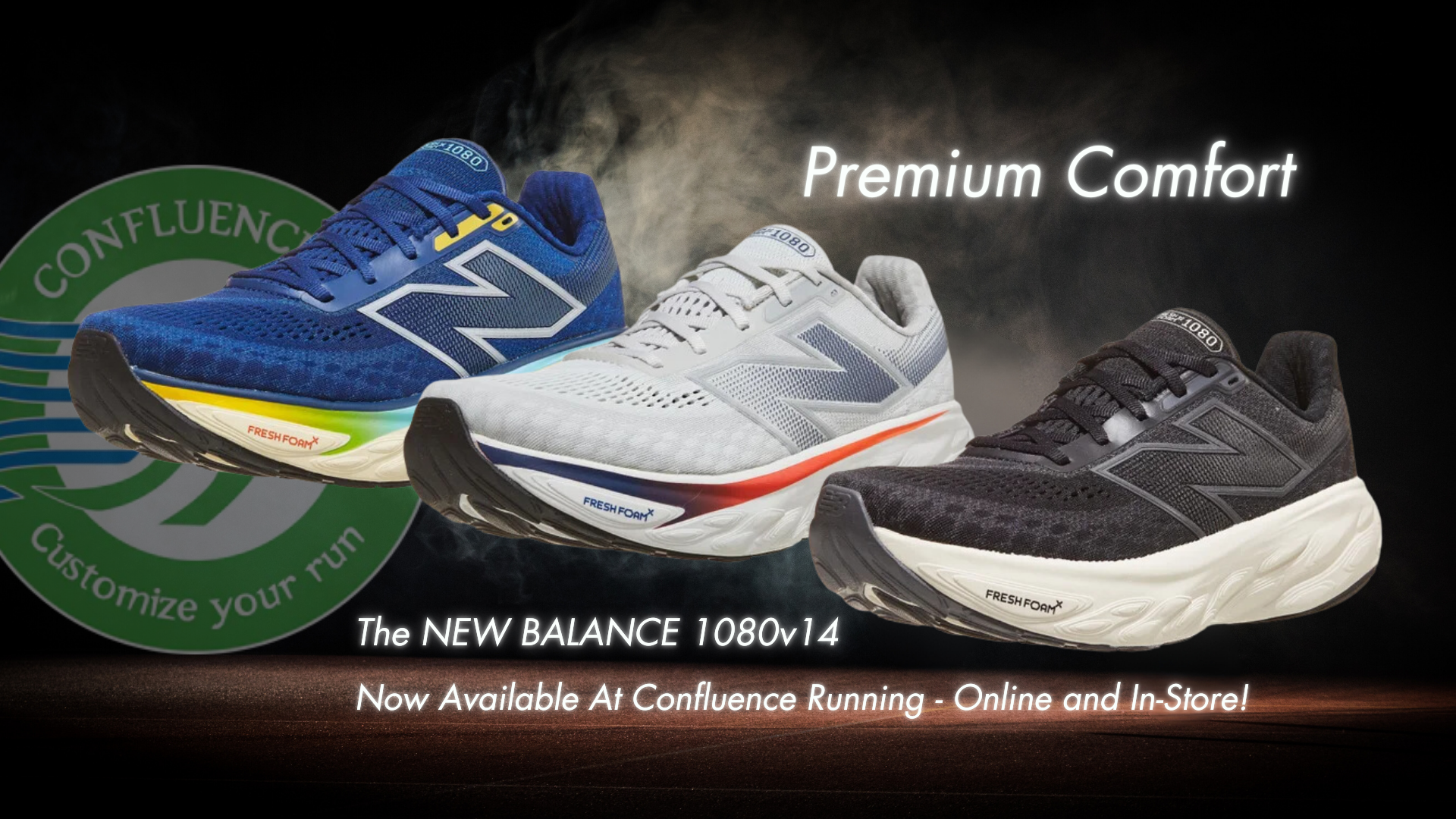 New Balance Fresh Foam 1080v14 on display at Confluence Running—clearance pricing