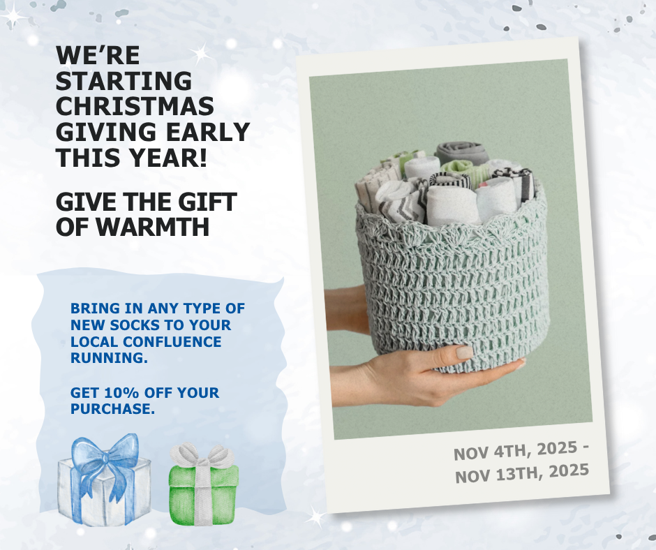 Map and store signage directing customers to Confluence Running locations for the Gift of Warmth Sock Drive donation drop-off.