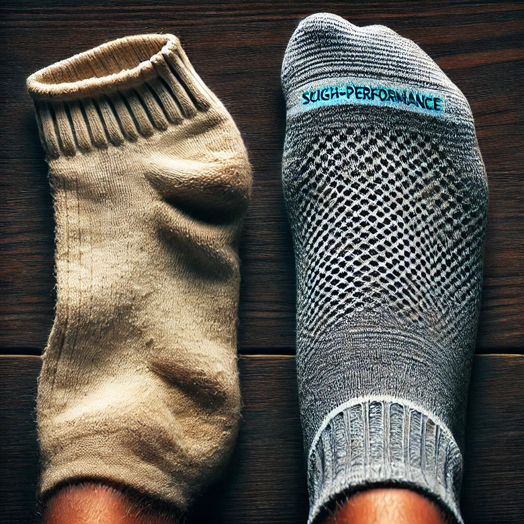 “Illustration comparing a worn cotton sock and a premium technical running sock to highlight why socks matter.”