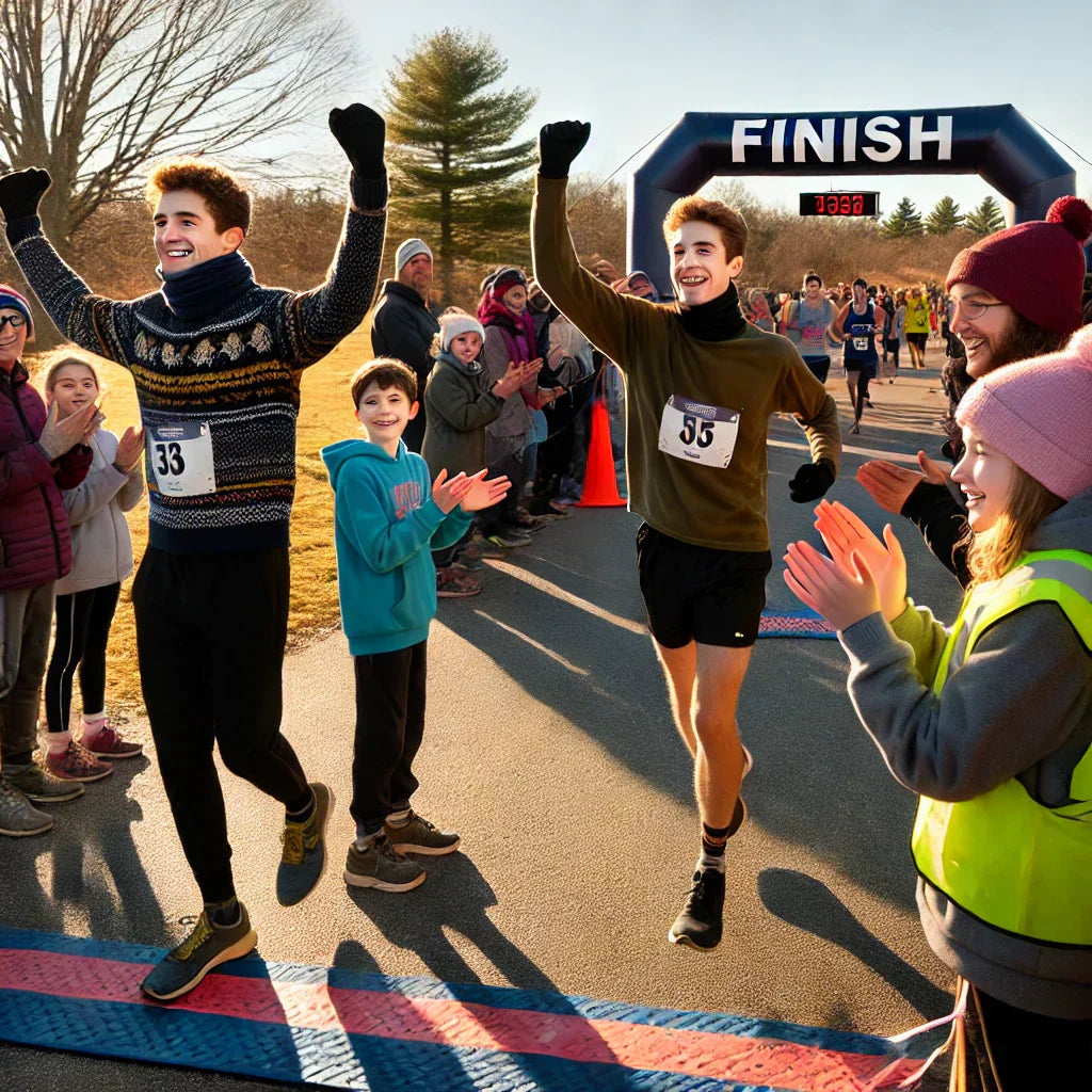 Cupid’s Chase 5K, featuring runners of all ages racing on a sunny winter morning. Spectators cheer along the course, and two young volunteers enthusiastically clap at an early turn. The top male and female finishers run with determination