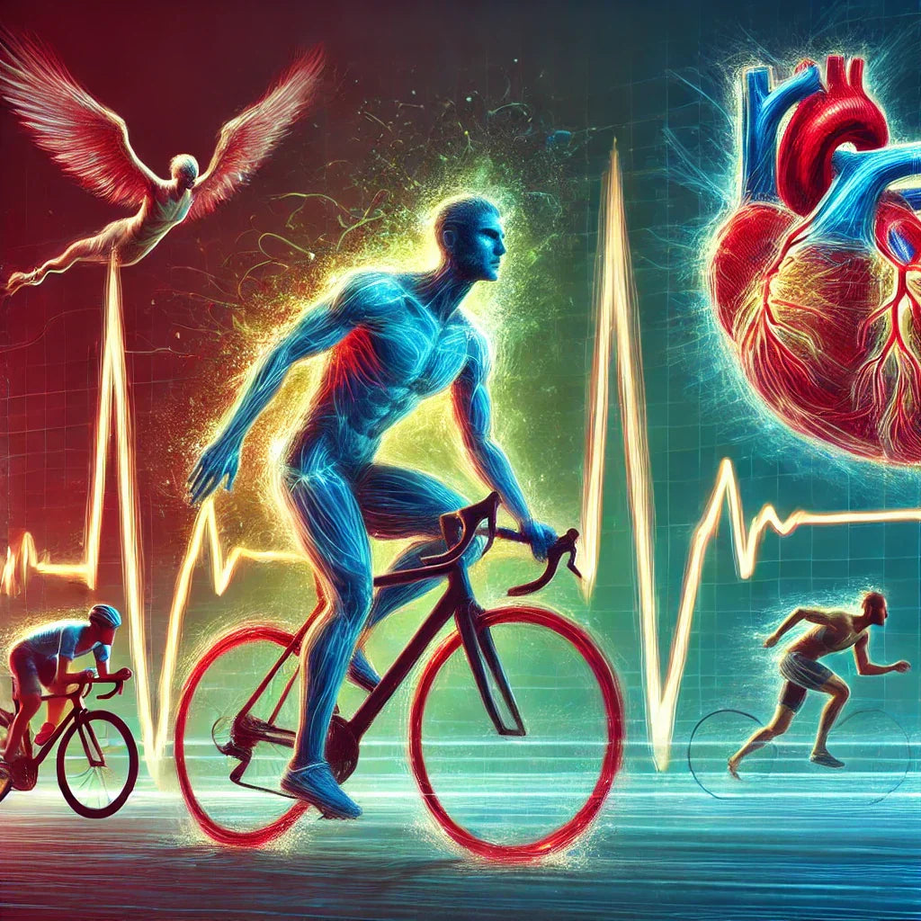 A dynamic digital painting of a cyclist, runner, and swimmer, each with energy waves representing different heart rate training zones.