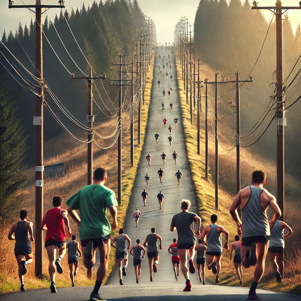 A group of runners participating in a hill fartlek workout on a steep incline. Some runners are sprinting between randomly spaced telephone poles, while others are jogging for recovery.