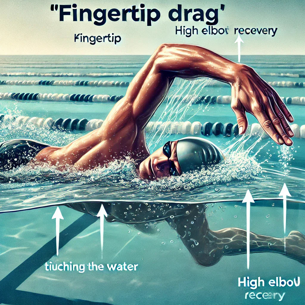 An instructional swimming image demonstrating the 'Fingertip Drag' drill for freestyle stroke. The image features a swimmer performing the drill in a 