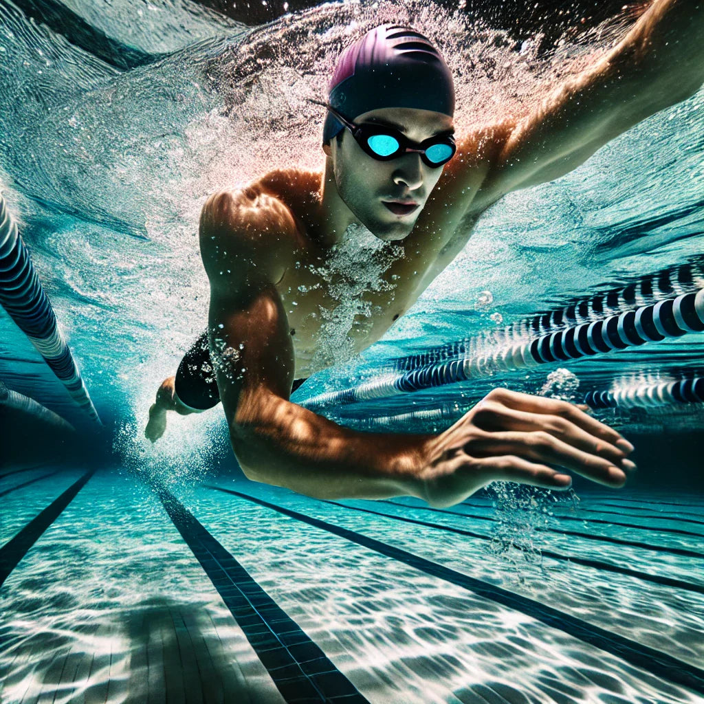 A swimmer using a kickboard to refine freestyle stroke technique, emphasizing breath timing and stroke coordination