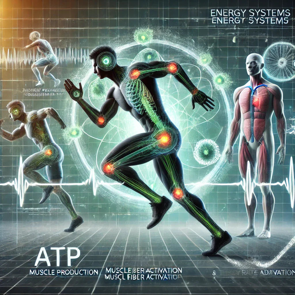  A futuristic digital painting of an athlete transitioning through energy systems, displaying metabolic pathways, muscle fiber activation, and heart rate training.