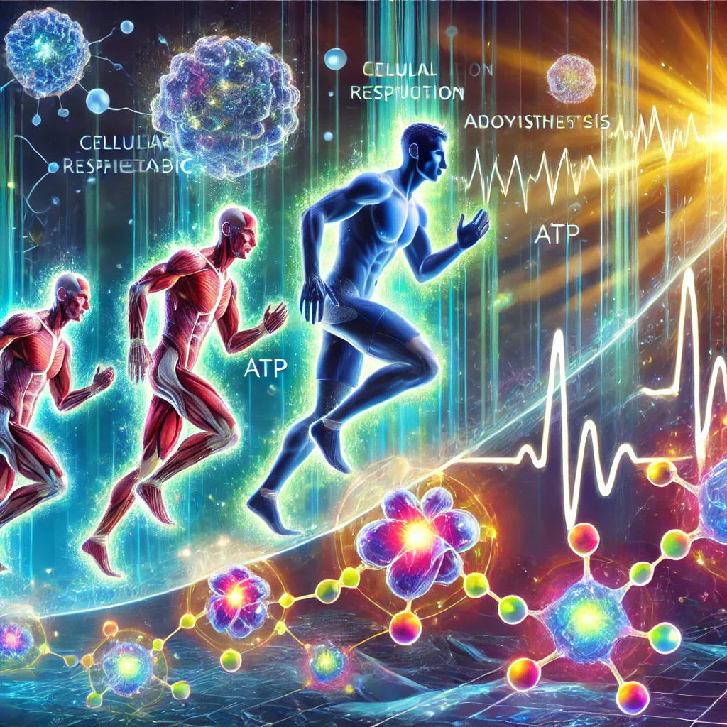 A futuristic digital painting illustrating energy transformation in the human body, featuring an athlete surrounded by glowing energy currents.