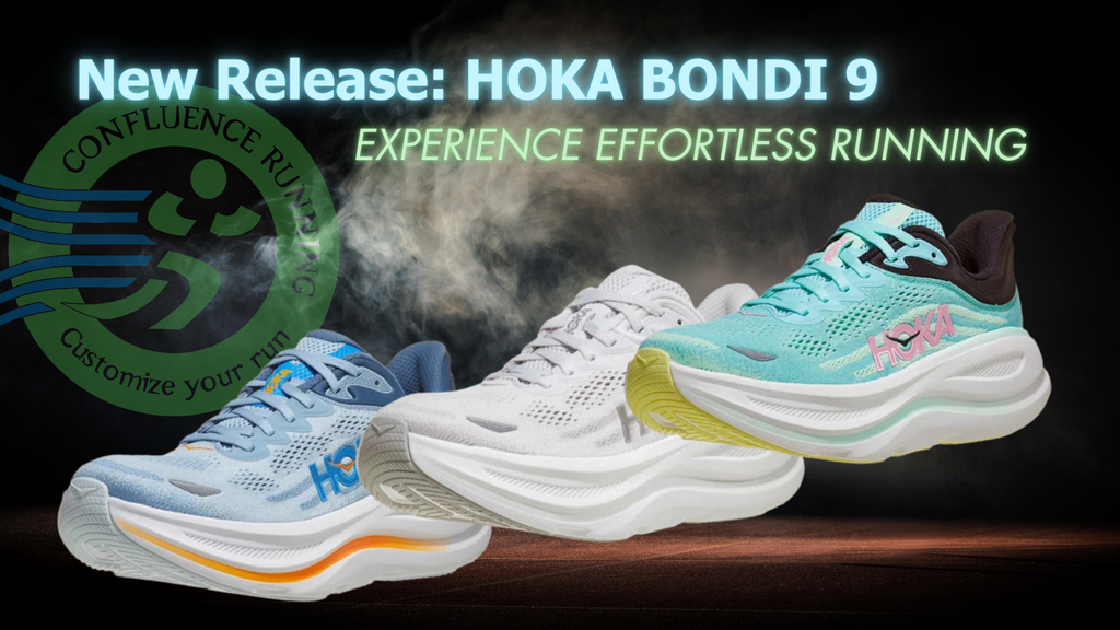 A close-up of the new HOKA Bondi 9 running shoe, showcasing its redesigned upper and thick cushioned midsole, available at Confluence Running starting January 15th, 2025
