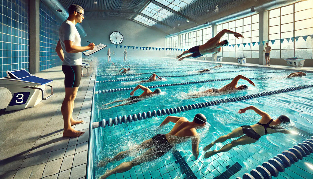 Detailed digital illustration of an intermediate swim workout, featuring drills such as stand and kick, burpee bubbles, sit & kick, wall kick, streamlining through hula hoops, freestyle, backstroke, breaststroke drills, and dolphin kick techniques