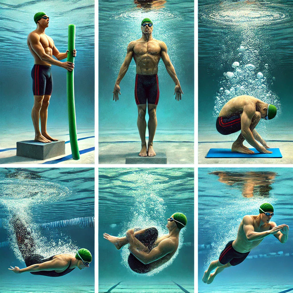 A series of five realistic underwater swimming images showcasing different beginner swim drills swimmer performing a standing kick drill learn to swim Binghamton University