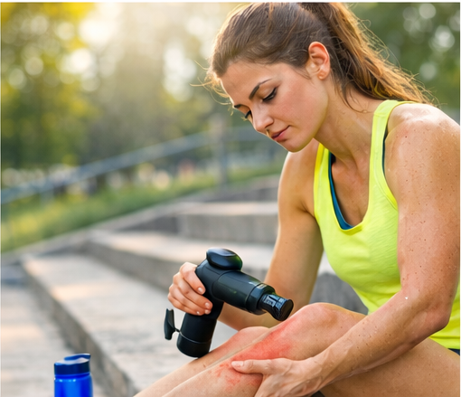 Runner using a massage gun on a sore calf after training to improve recovery