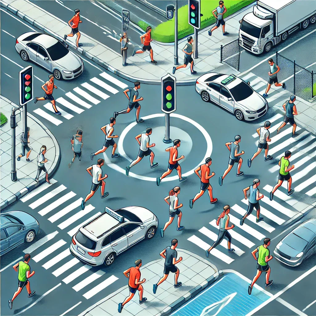 "A group of runners safely navigating sidewalks, crosswalks, intersections, and narrow shoulders, wearing reflective gear and making eye contact with drivers."