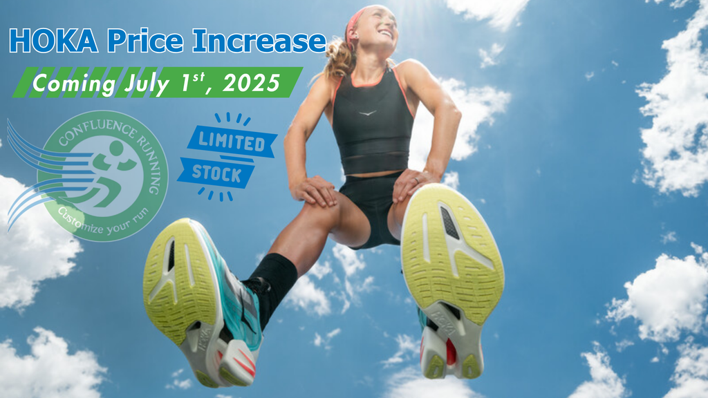 Image of Saucony and HOKA running shoes with price increase alert banner and “Shop Now” message.