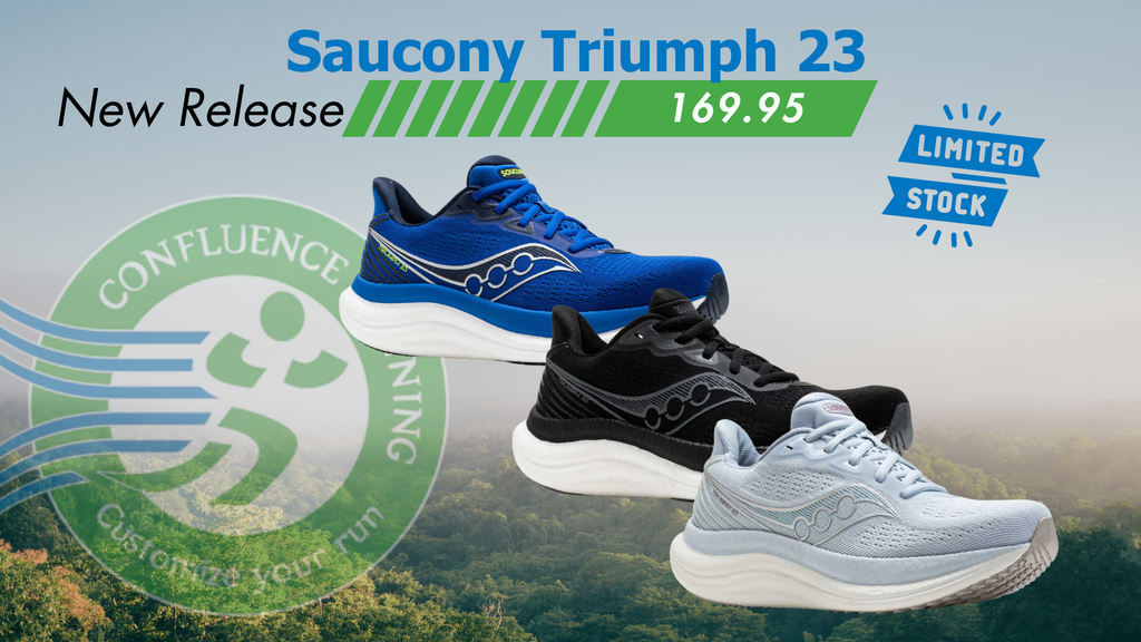 Saucony Triumph 23 Running Shoe – new release available at Confluence Running for $169.95 with max cushioning and responsive ride.