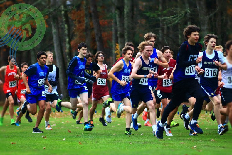 Runners sprint off the starting line at Chenango Valley State Park during the 2025 Section IV Cross Country Championships