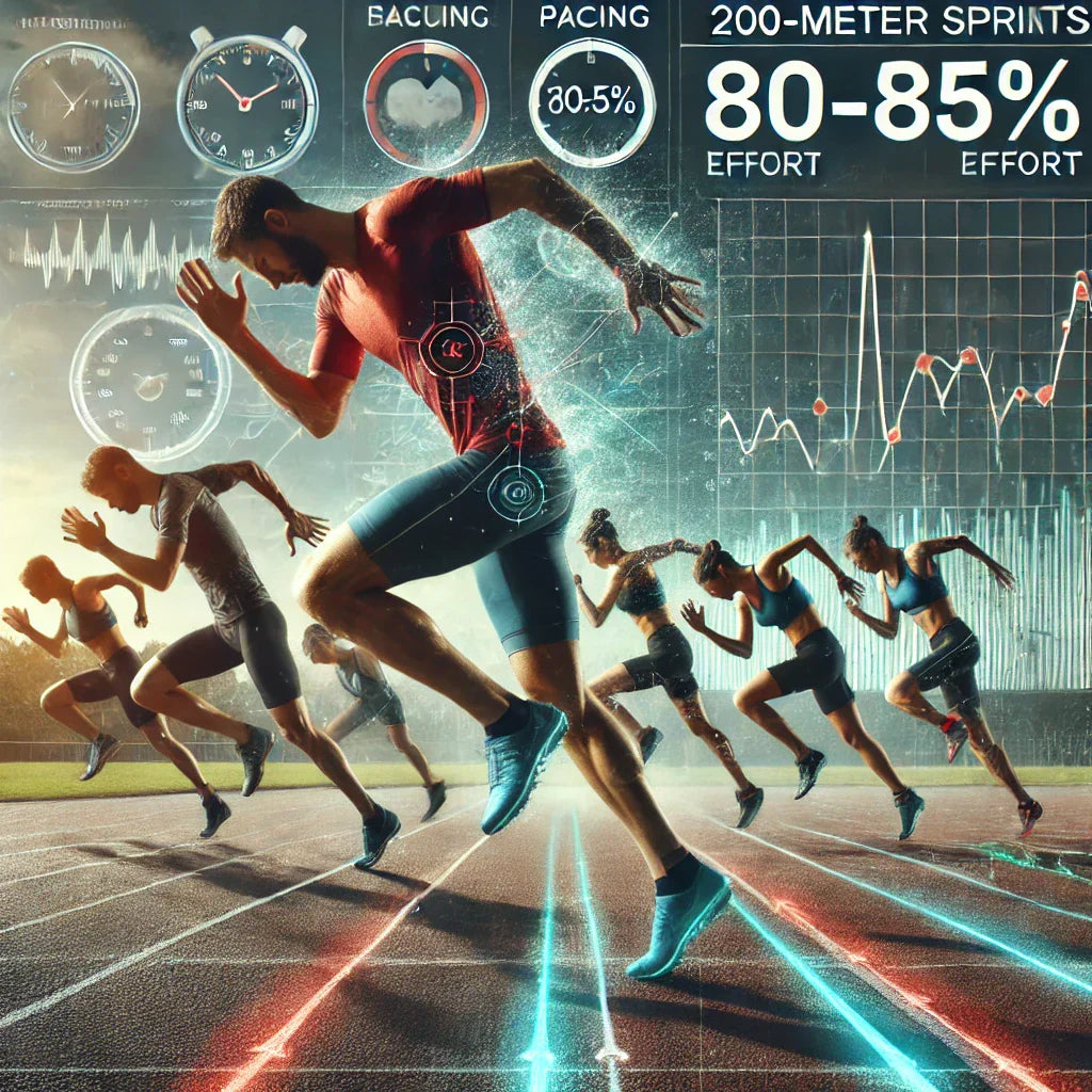  A triathlon training track workout featuring multiple athletes performing 200-meter sprints at 80-85% effort on a professional running track. The back