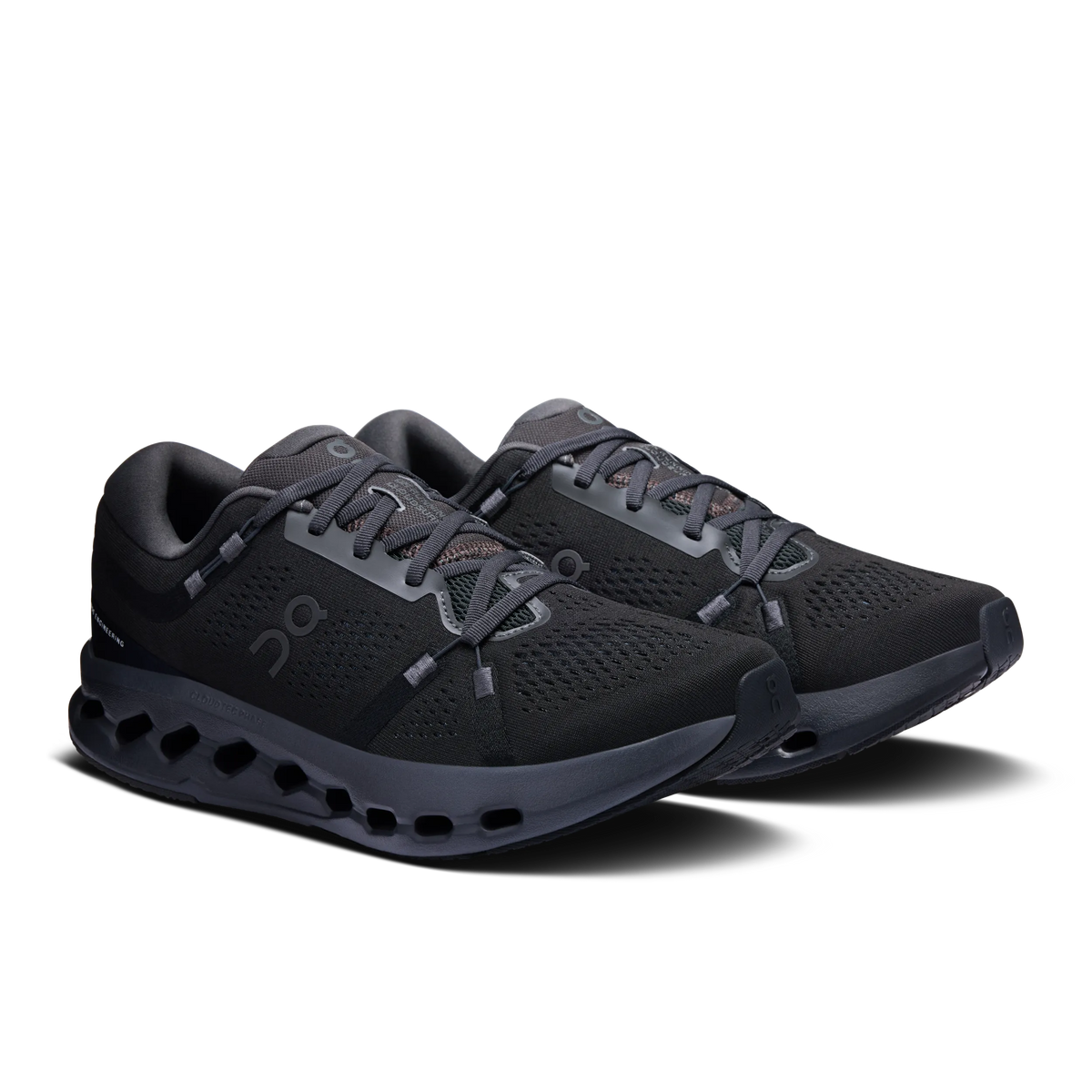 Men's On Cloudsurfer 2. Black upper. Black midsole. Lateral view.