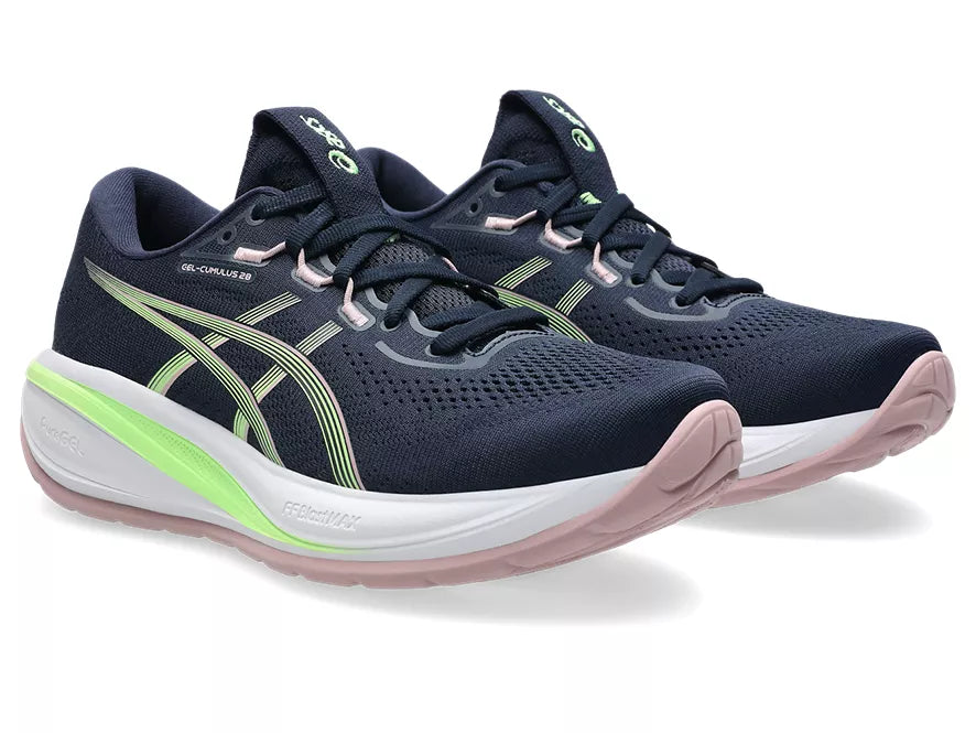Women's Asics Gel-Cumulus 28. Dark Navy upper. White midsole. Lateral view.