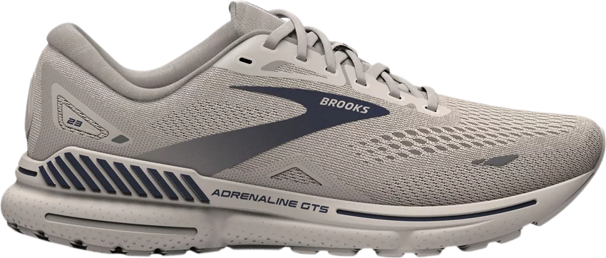Men's Brooks Adrenaline GTS 23. Off White upper. Off White midsole. Lateral view.
