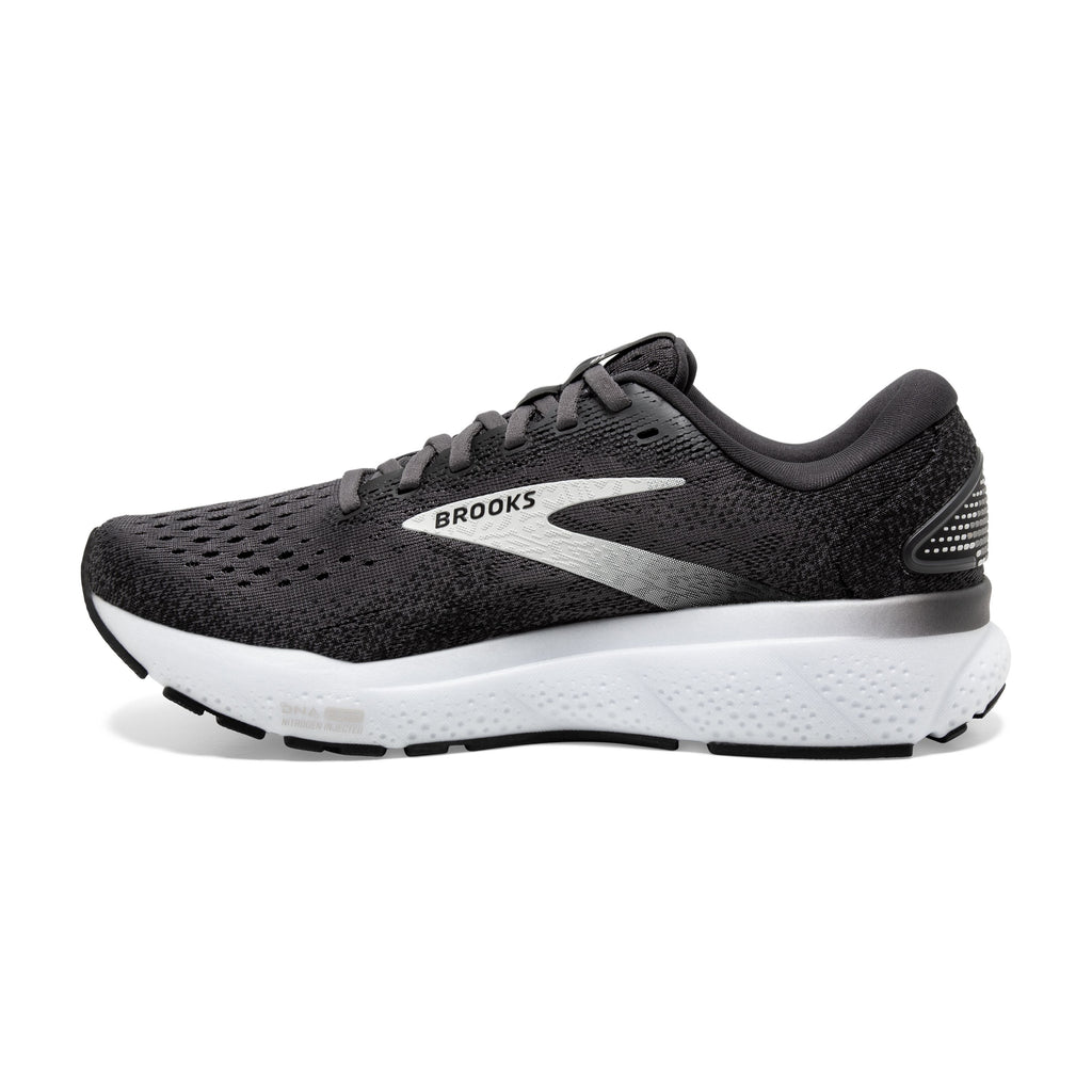 Men's Brooks Ghost 16. Black upper. White midsole. Medial view.