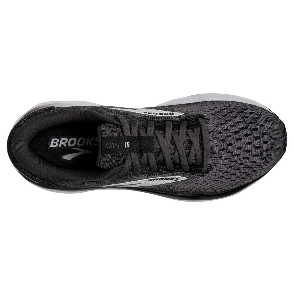 Men's Brooks Ghost 16. Black upper. White midsole. Top view.