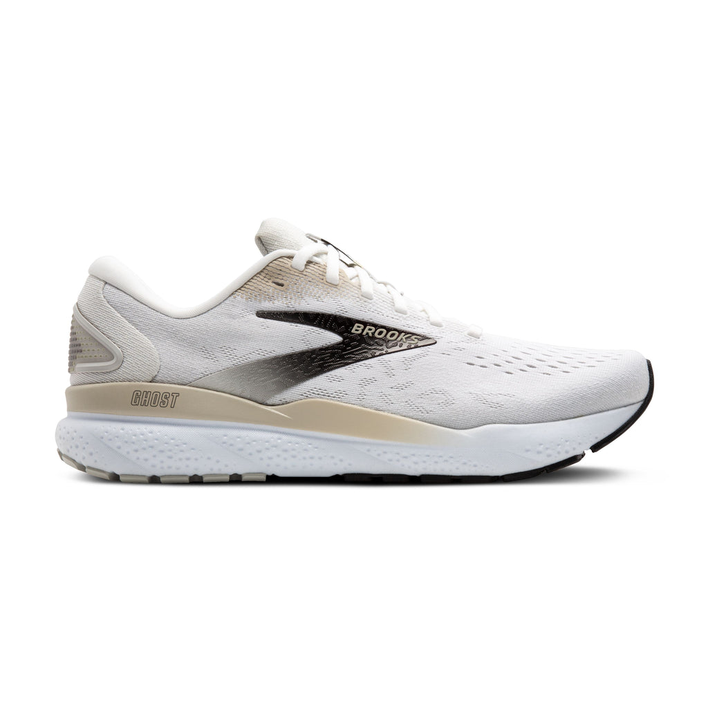 Men's Brooks Ghost 16. White upper. White midsole. Lateral view.