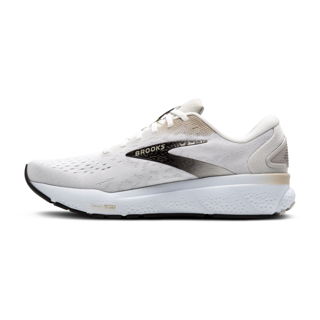 Men's Brooks Ghost 16. White upper. White midsole. Medial view.
