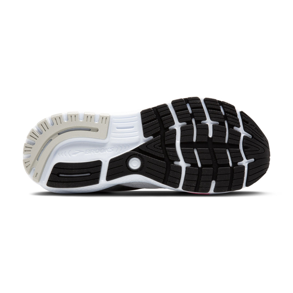 Men's Brooks Ghost 16. White upper. White midsole. Bottom view.