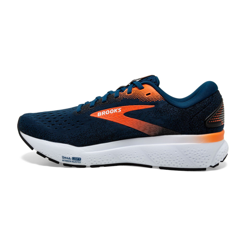 Men's Brooks Ghost 16. Blue upper. White midsole. Medial view.