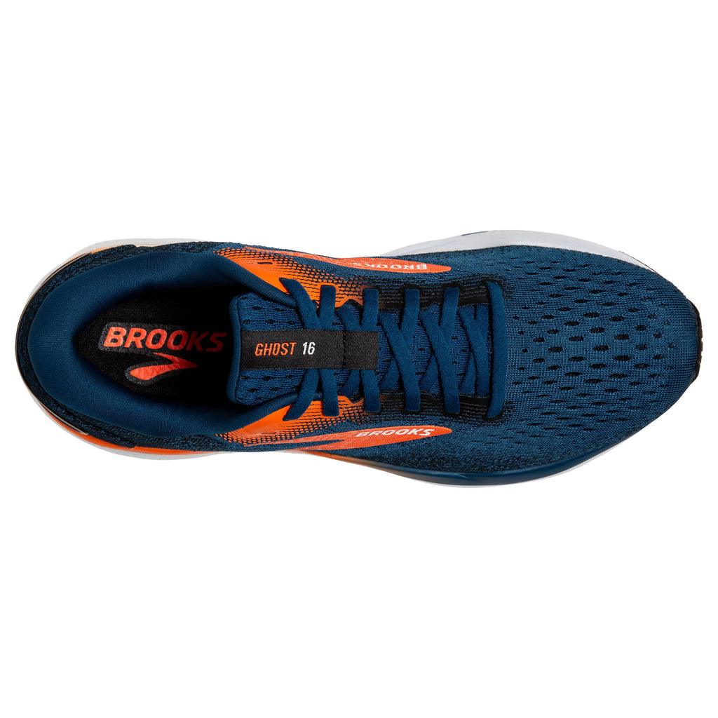 Men's Brooks Ghost 16. Blue upper. White midsole. Top view.