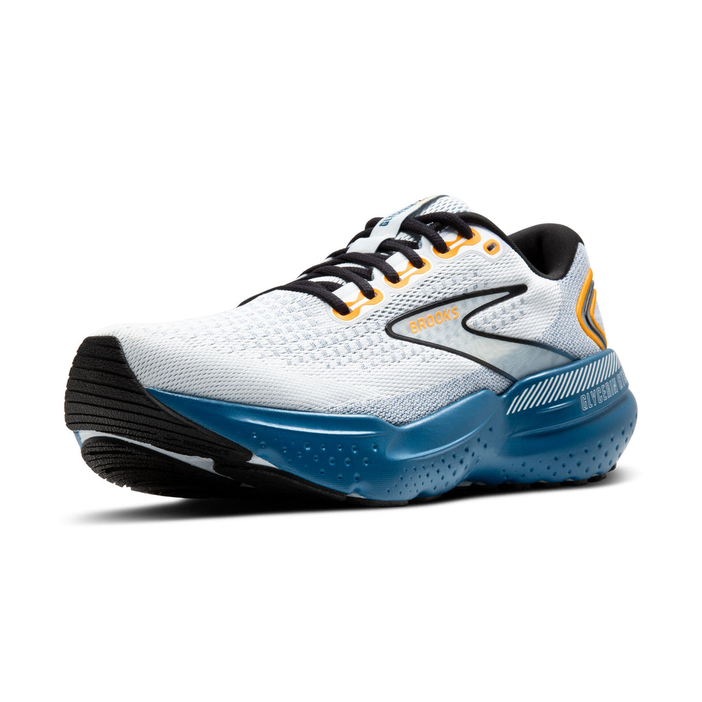 Men's Brooks Glycerin GTS 21. White upper. Blue midsole. Lateral view.